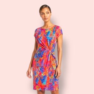 Ellen Tracy Multicolor Knot-Detail Sheath Dress in Pink, Blue & Orange